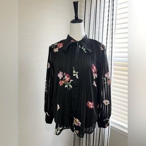 Black Ann Taylor Blouse, floral print, longsleeve